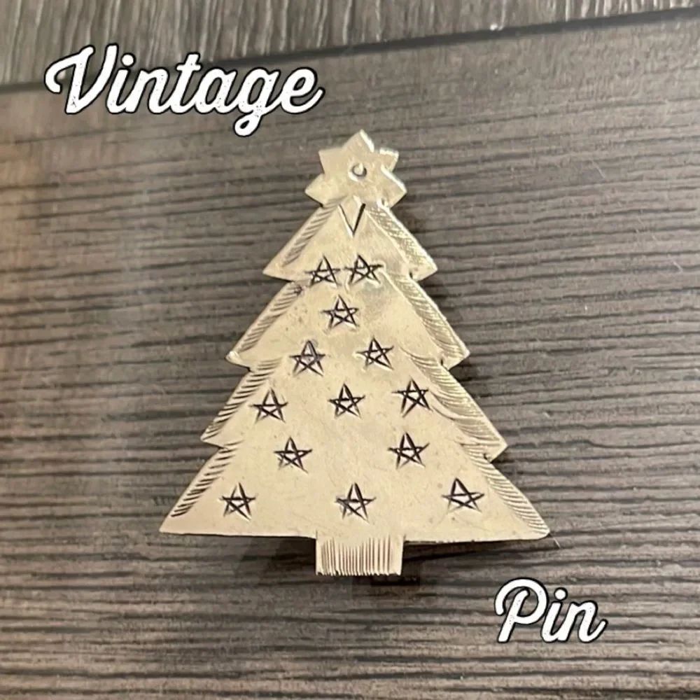 Vintage Brass Christmas Tree Pin with Etched Design Holiday Brooch